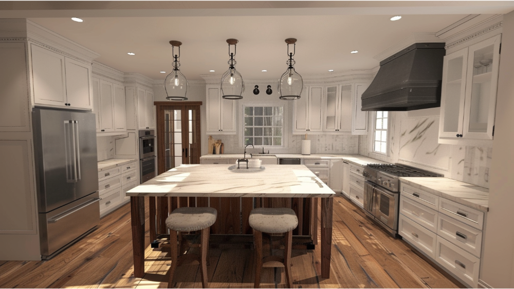 Close-up of a kitchen featuring textured cabinetry and a statement backsplash with a unique tactile finish.