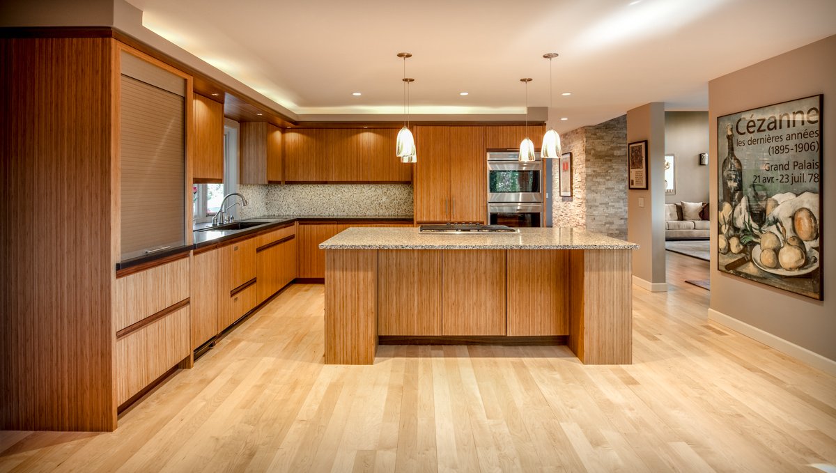 Sustainable bamboo kitchen countertops and cabinetry as part of a modern eco-friendly kitchen design.