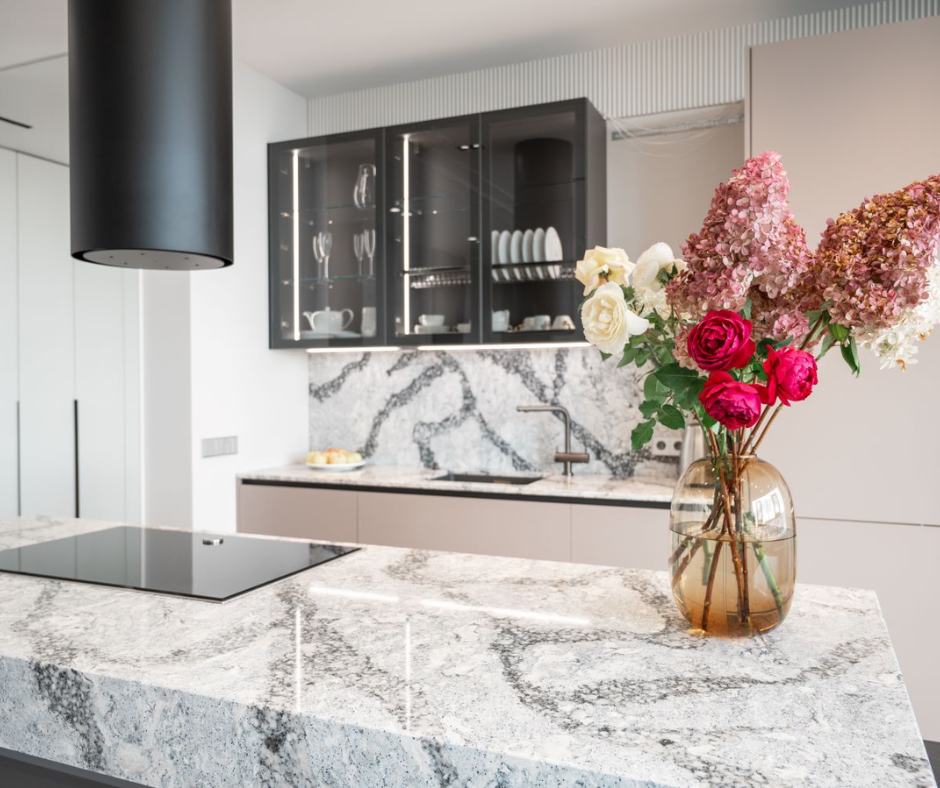 Sleek and modern quartz countertops in a beautifully designed Sarasota kitchen.