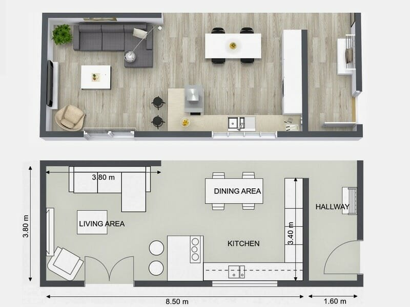 A 3D render of a modern kitchen design, showcasing a detailed layout with cabinetry, countertops, and lighting.