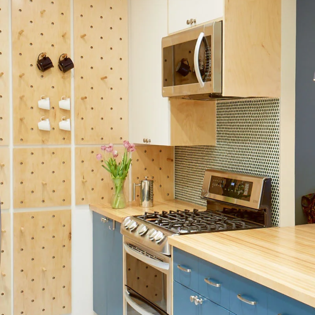 Pegboard storage solutions for small kitchens in Sarasota, maximizing organization.