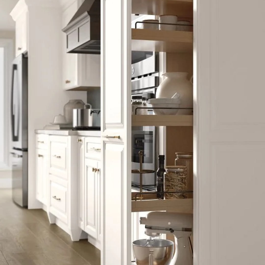 A well-organized kitchen cabinet with pull-out drawers, shelves, and storage bins for optimal space use.