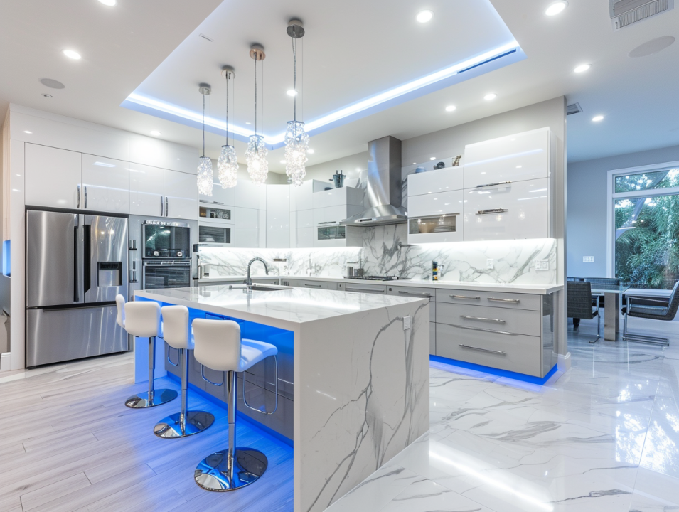 Modern kitchen equipped with smart technology, including touchless faucets, voice-activated appliances, and a smart lighting system.