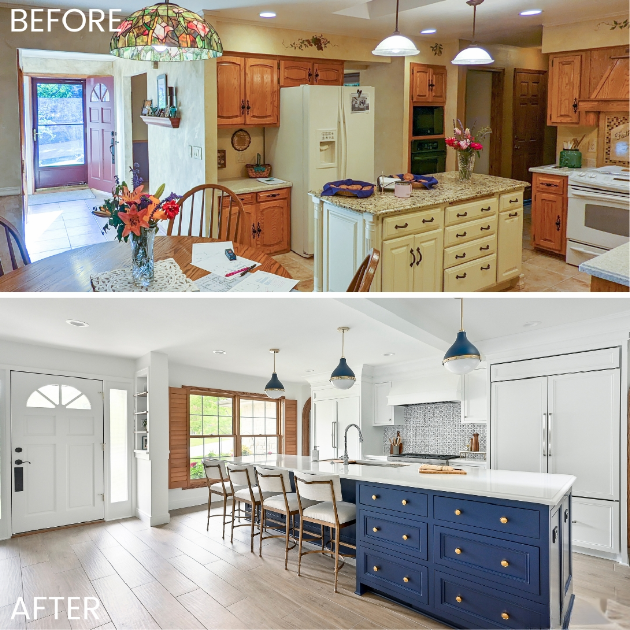 Before and after transformation of a blue and white kitchen remodel, showcasing updated cabinets, countertops, and backsplash.