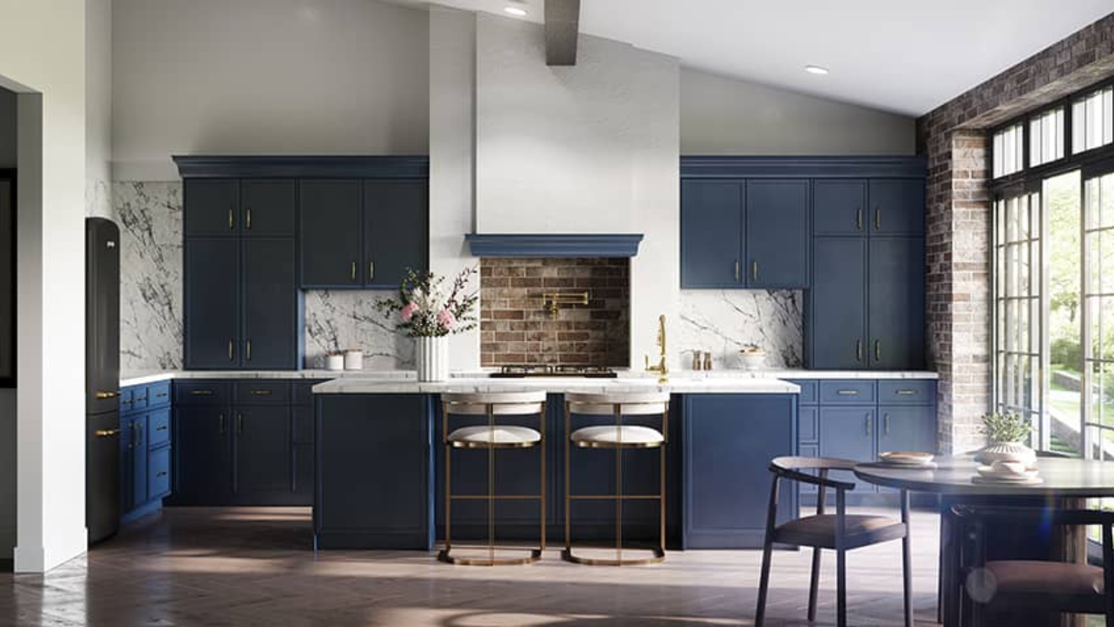 Luxury kitchen remodel featuring navy blue lower cabinets, white upper cabinets, and a marble waterfall island in Sarasota, FL.