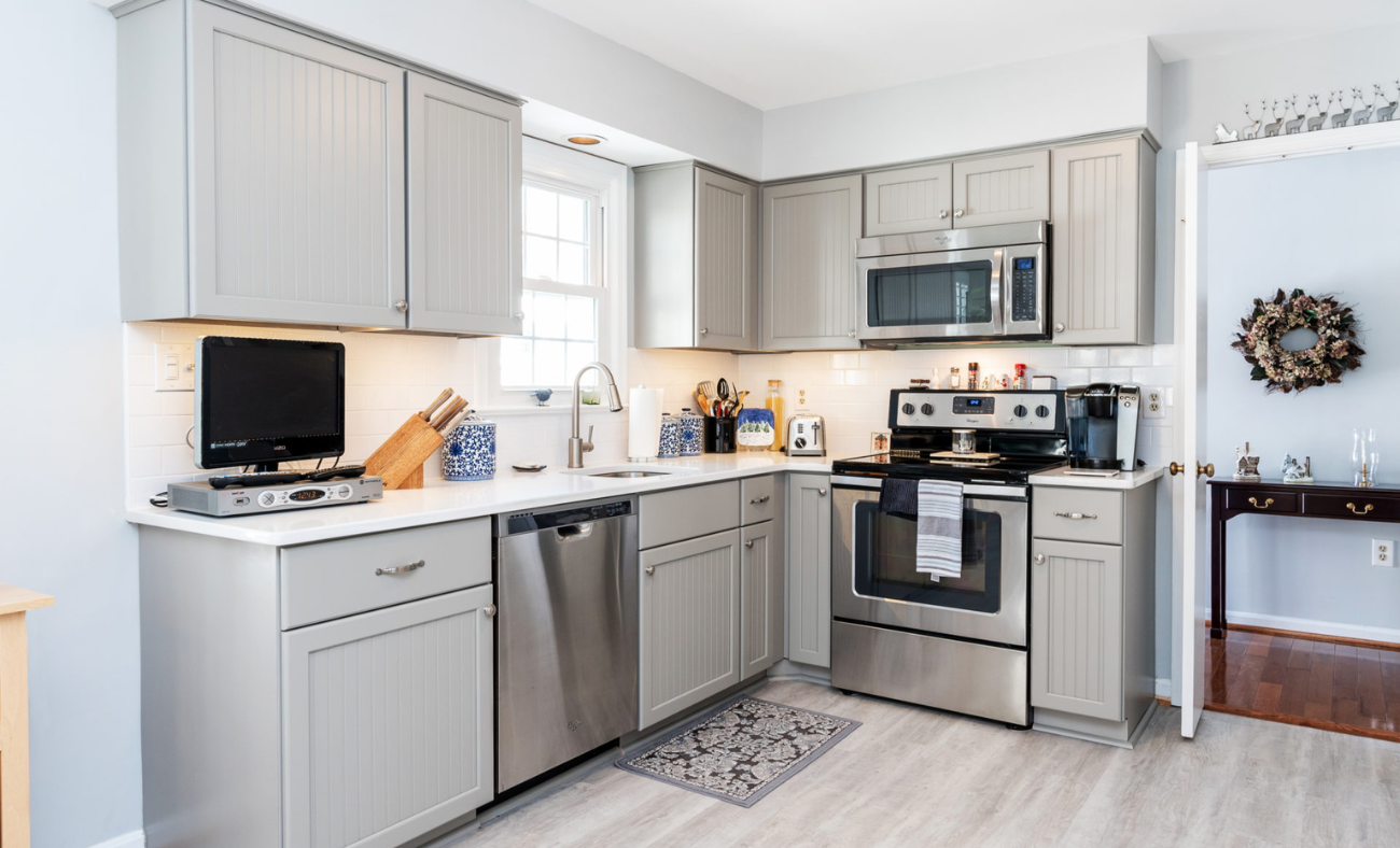 Beadboard kitchen cabinets with a classic and textured design.