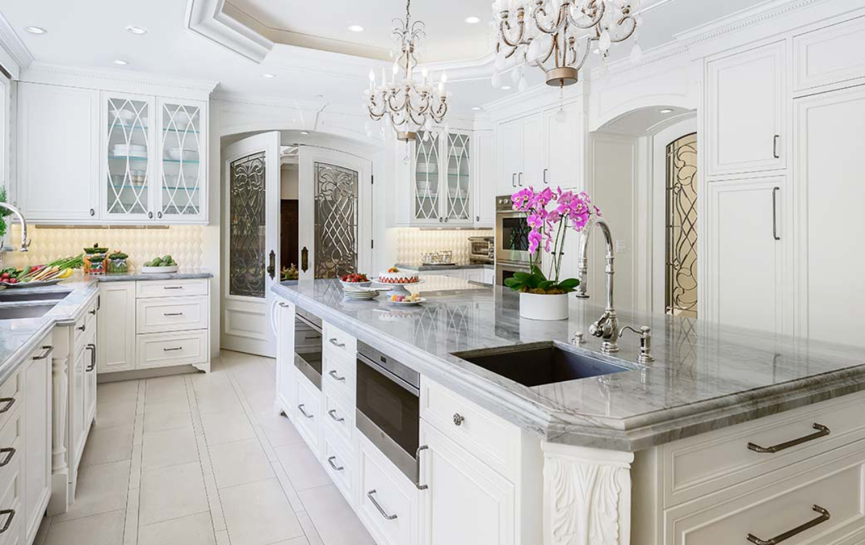 Luxury quartz countertops in a Sarasota kitchen remodel, featuring sleek design, durability, and premium finishes.