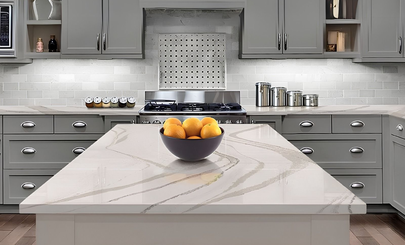 Quartz kitchen countertops with sleek, modern design and smooth surface.