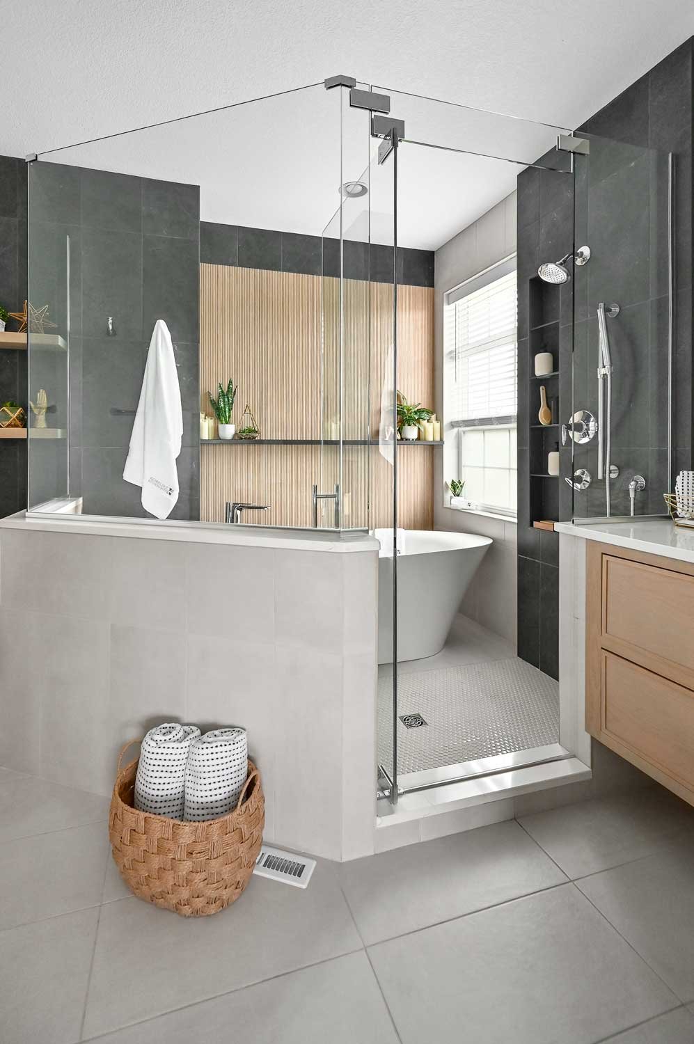 Luxurious bathroom remodel with freestanding tub and elegant finishes in Sarasota, FL